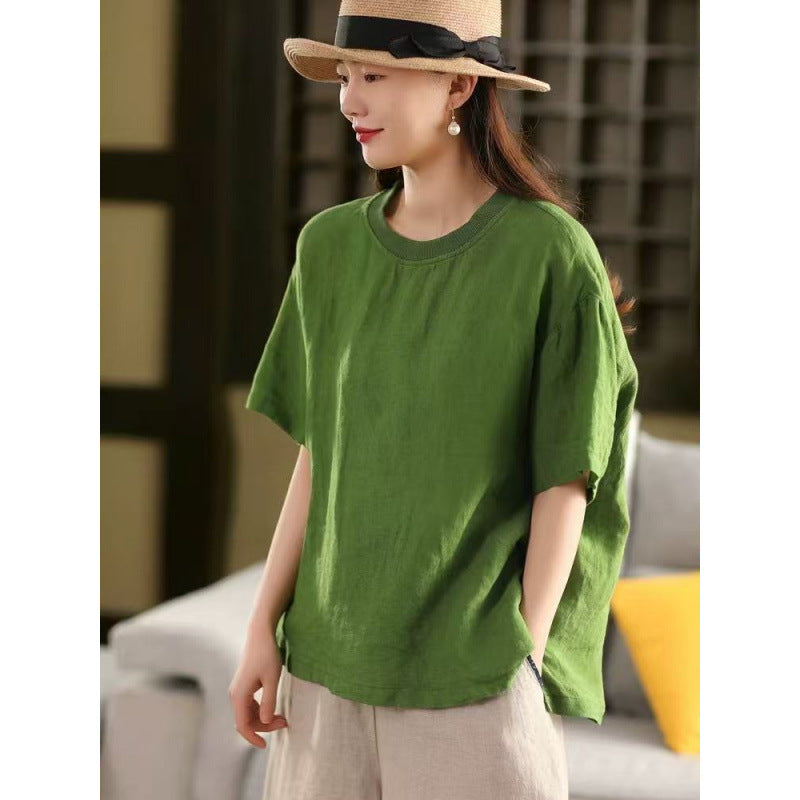 Linen Top Women Spliced Ribbed Round Neck Short Sleeve Casual Pullover T-Shirt