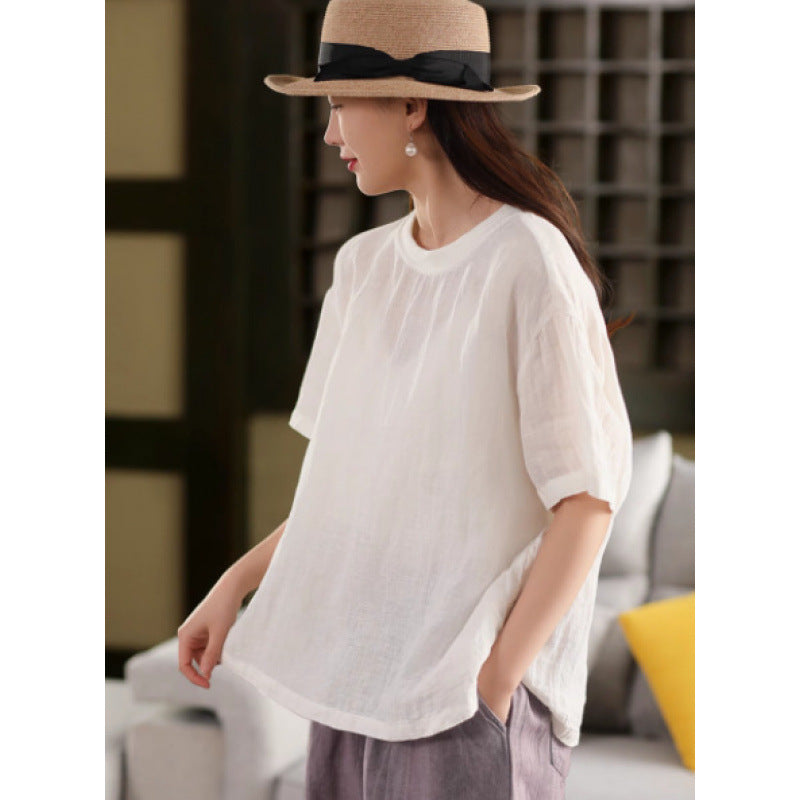 Linen Top Women Spliced Ribbed Round Neck Short Sleeve Casual Pullover T-Shirt