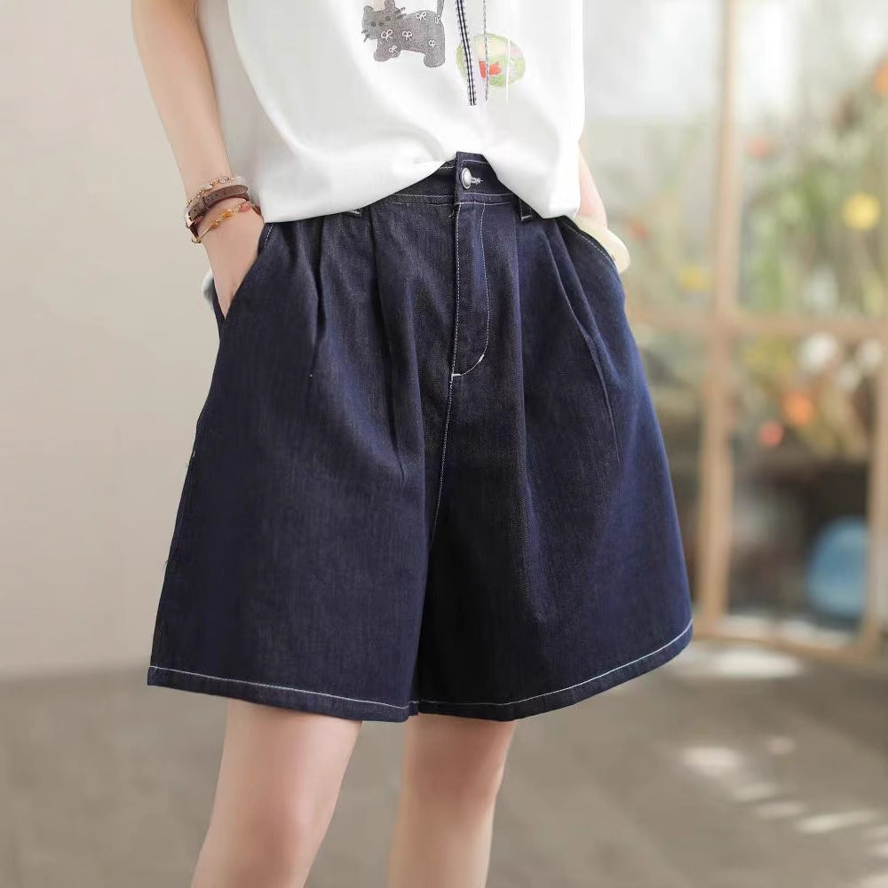 Cotton Denim Shorts Women Blue Washed Versatile Retro Straight Loose Fit