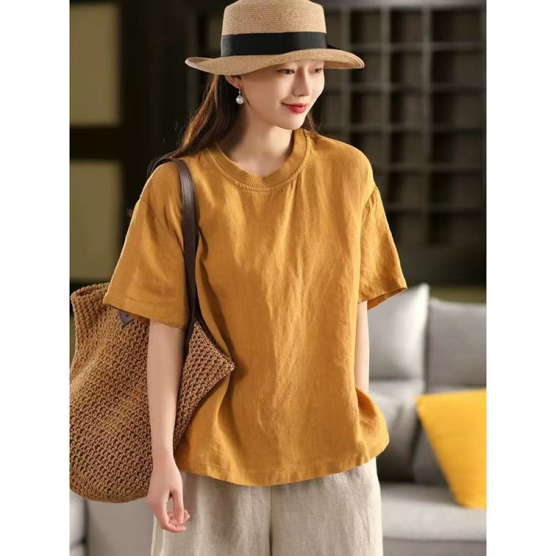 Linen Top Women Spliced Ribbed Round Neck Short Sleeve Casual Pullover T-Shirt