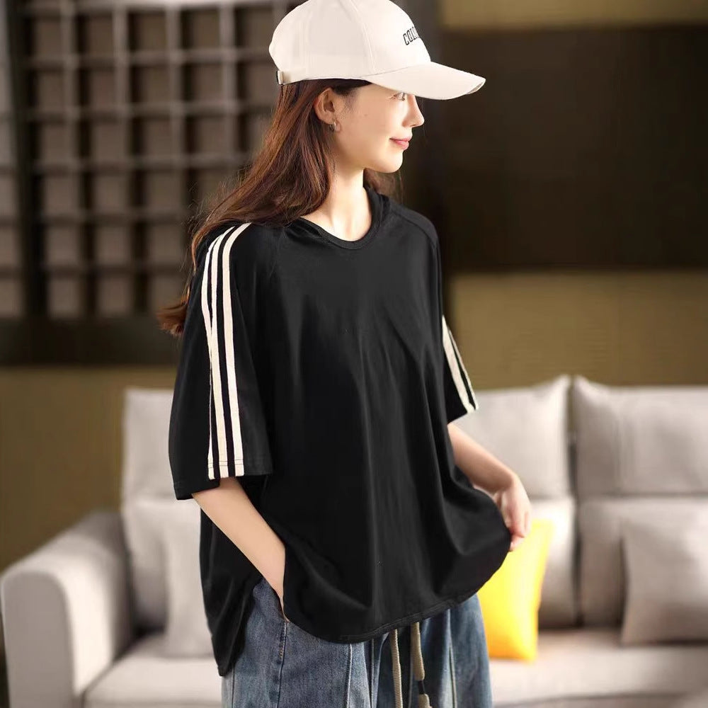 Vintage Casual Cotton Hooded Patchwork Short Sleeve