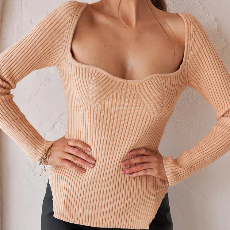 Knitted Pullover Slim Fit Curved Hem Slit Solid Color Women's Sweater