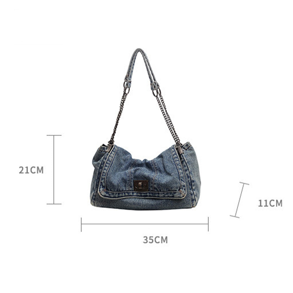 Versatile Denim Tote For Women Chic Crossbody Bag With Chain Strap, Spacious Casual And Work Purse