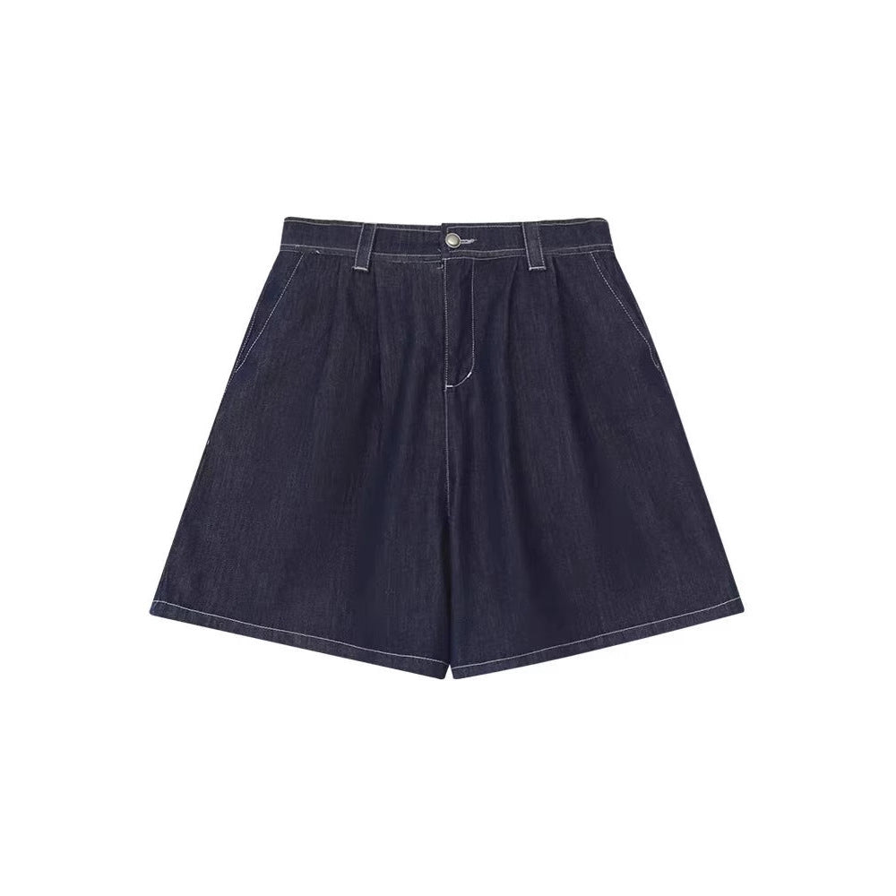 Cotton Denim Shorts Women Blue Washed Versatile Retro Straight Loose Fit