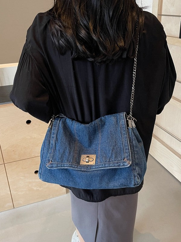 Versatile Denim Tote For Women Chic Crossbody Bag With Chain Strap, Spacious Casual And Work Purse