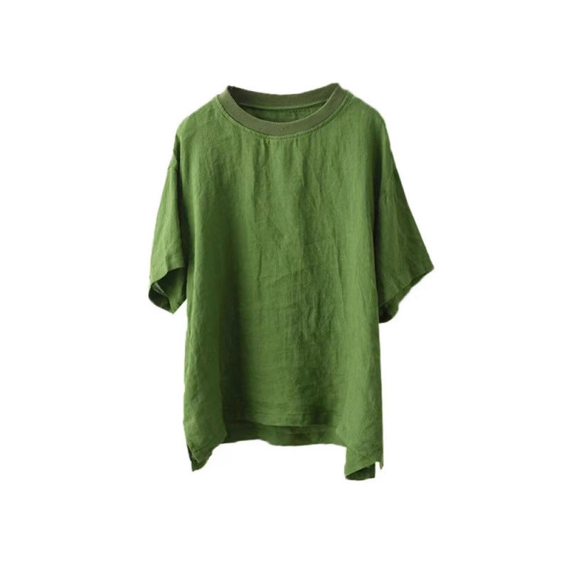 Linen Top Women Spliced Ribbed Round Neck Short Sleeve Casual Pullover T-Shirt