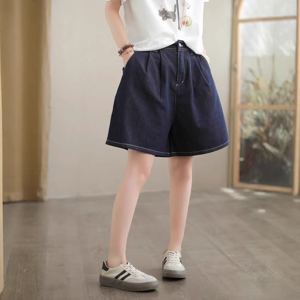 Cotton Denim Shorts Women Blue Washed Versatile Retro Straight Loose Fit