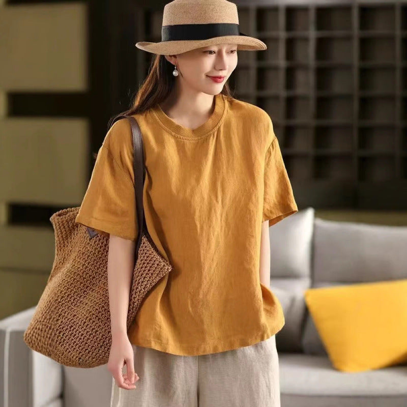 Linen Top Women Spliced Ribbed Round Neck Short Sleeve Casual Pullover T-Shirt
