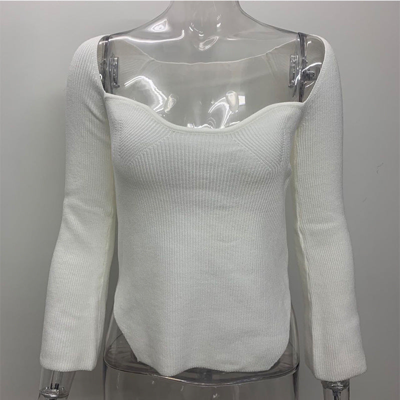 Knitted Pullover Slim Fit Curved Hem Slit Solid Color Women's Sweater