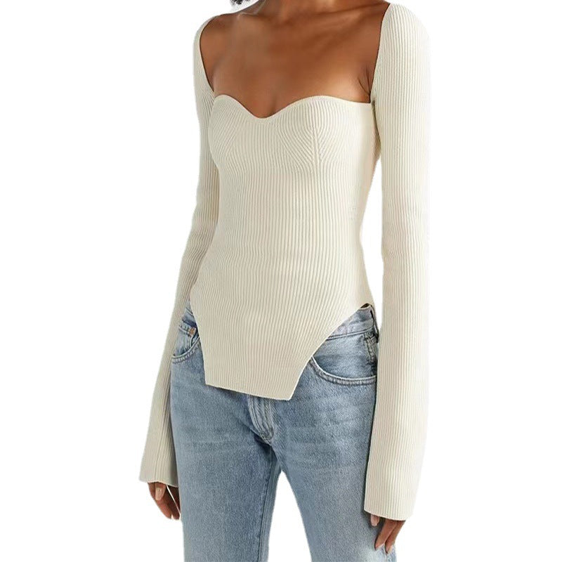 Knitted Pullover Slim Fit Curved Hem Slit Solid Color Women's Sweater