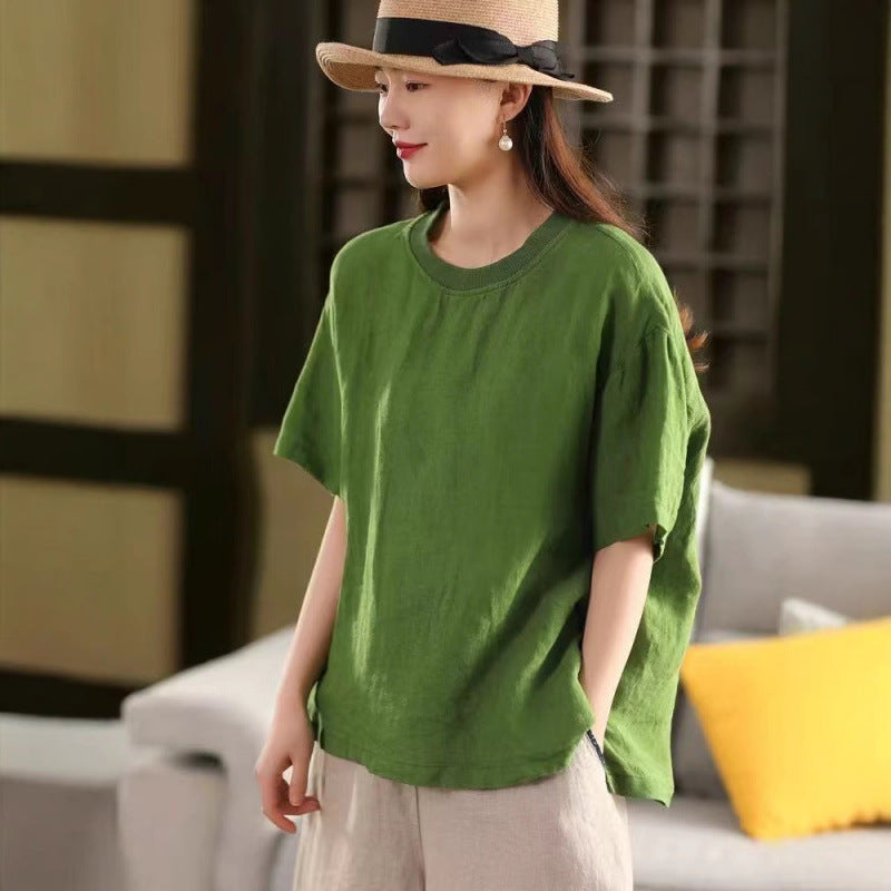 Linen Top Women Spliced Ribbed Round Neck Short Sleeve Casual Pullover T-Shirt