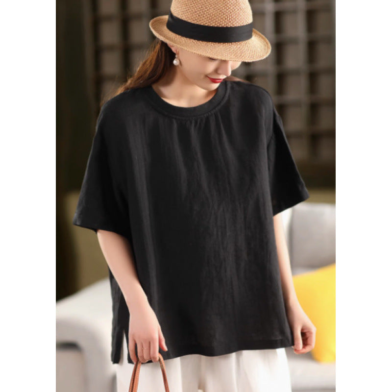 Linen Top Women Spliced Ribbed Round Neck Short Sleeve Casual Pullover T-Shirt