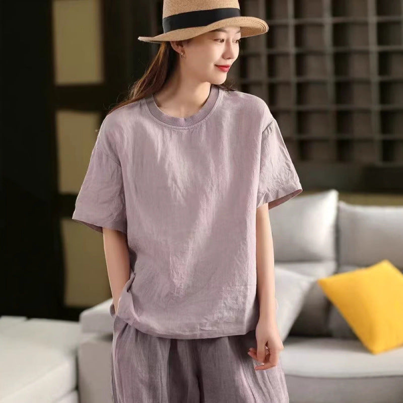 Linen Top Women Spliced Ribbed Round Neck Short Sleeve Casual Pullover T-Shirt