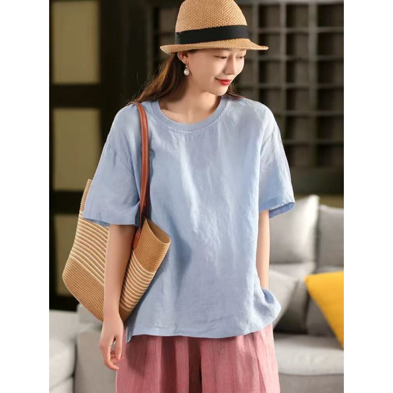 Linen Top Women Spliced Ribbed Round Neck Short Sleeve Casual Pullover T-Shirt