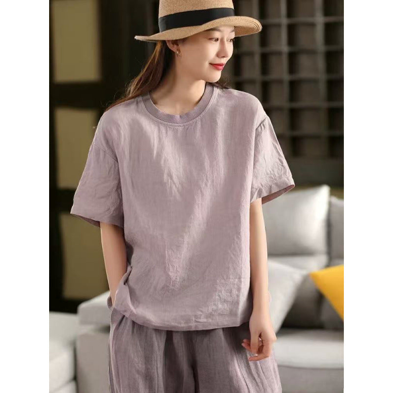 Linen Top Women Spliced Ribbed Round Neck Short Sleeve Casual Pullover T-Shirt