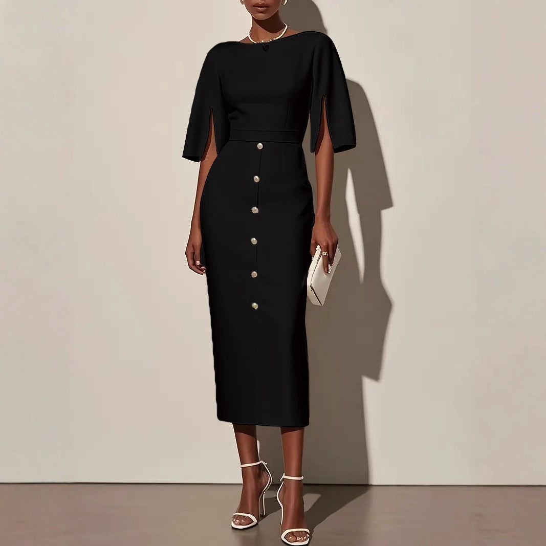 Summer Solid-Color Crew-Neck Defined-Waist Dress With Slit And Buttons