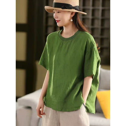 Linen Top Women Spliced Ribbed Round Neck Short Sleeve Casual Pullover T-Shirt