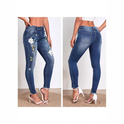 Womens Versatile Flower-Pattern Embroidered Skinny Jeans