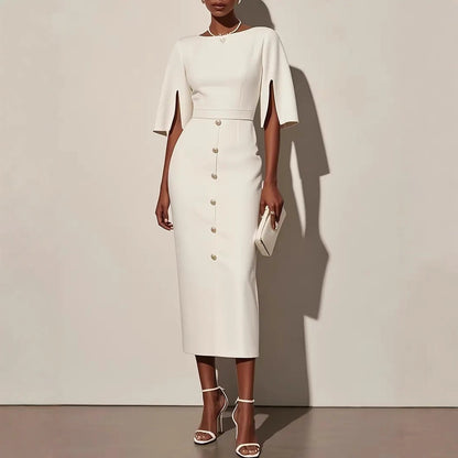 Summer Solid-Color Crew-Neck Defined-Waist Dress With Slit And Buttons