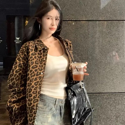 Womens Retro Leopard-Print Lapel Long-Sleeve Coat