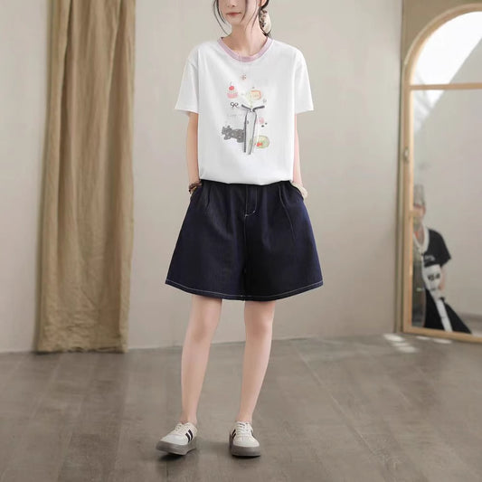 Cotton Denim Shorts Women Blue Washed Versatile Retro Straight Loose Fit