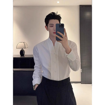 Mens French V-neck White Long-sleeve Shirt
