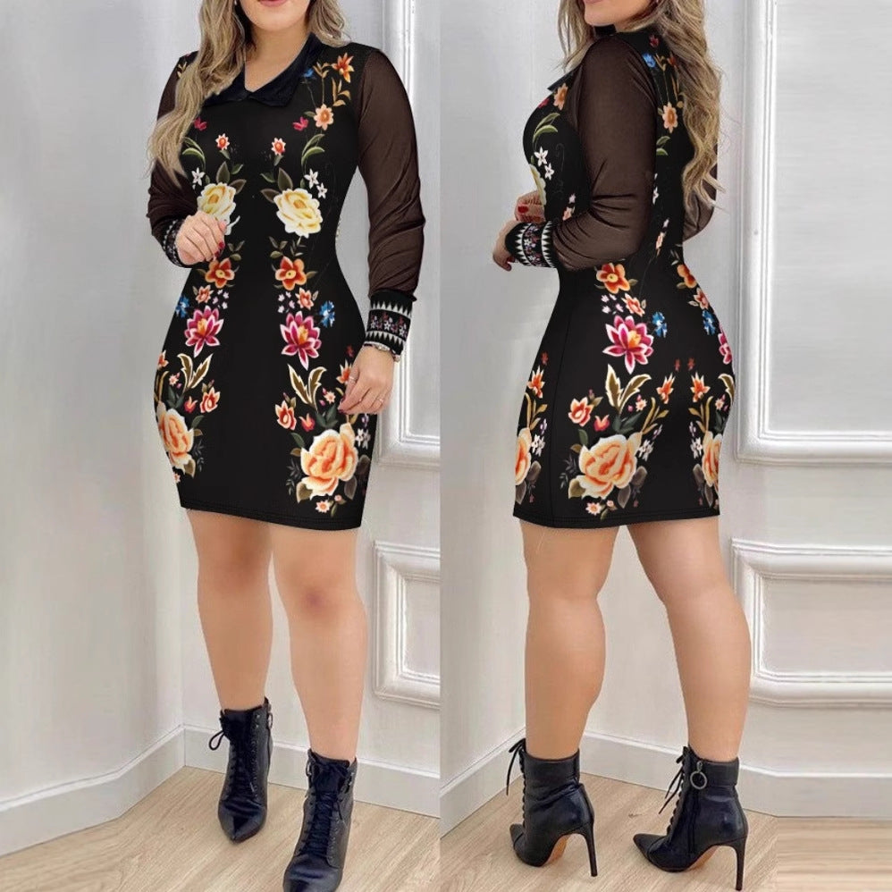 Womens Mesh Long-Sleeve V-Neck Slim-Fit Printed Dress