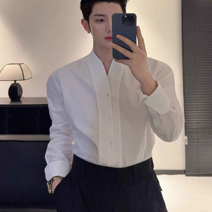 Mens French V-neck White Long-sleeve Shirt