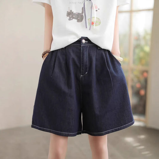 Cotton Denim Shorts Women Blue Washed Versatile Retro Straight Loose Fit