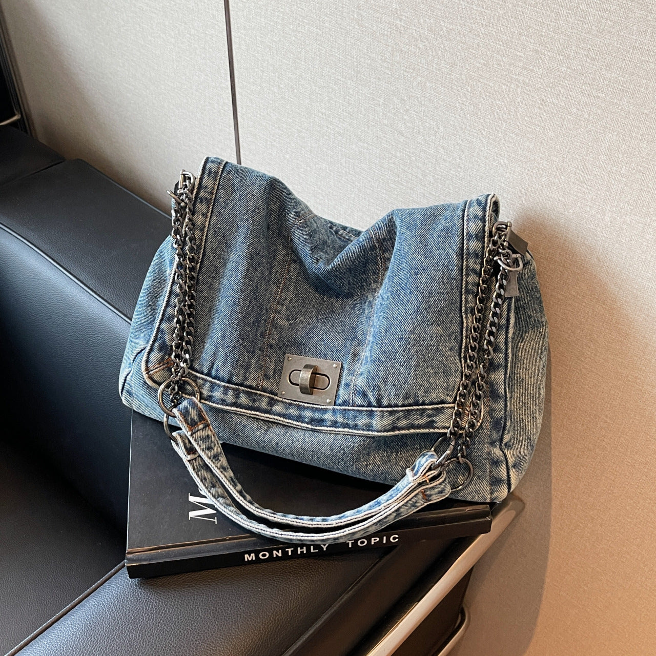 Versatile Denim Tote For Women  Chic Crossbody Bag With Chain Strap, Spacious Casual And Work Purse