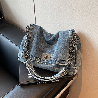 Versatile Denim Tote For Women  Chic Crossbody Bag With Chain Strap, Spacious Casual And Work Purse