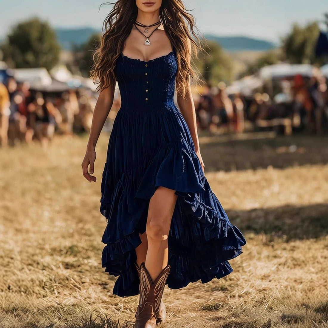 Bohemian-style Dress With An Asymmetrical Ruffled Hem