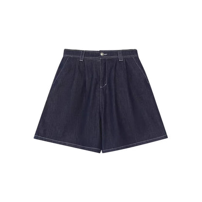 Cotton Denim Shorts Women Blue Washed Versatile Retro Straight Loose Fit