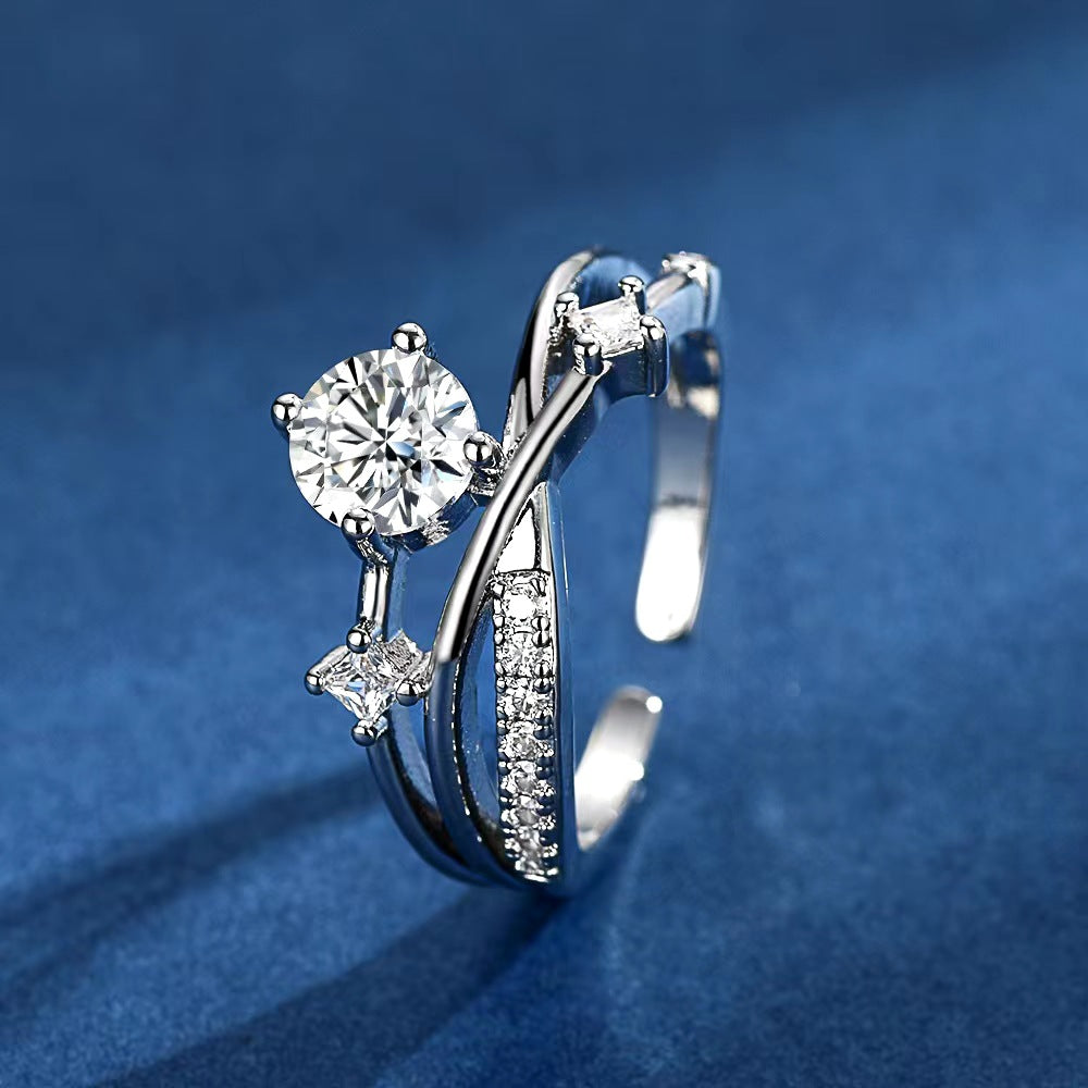 Womens Geometric Cross Ring With Sparkling Diamonds Featuring Celestial Orbital Paths