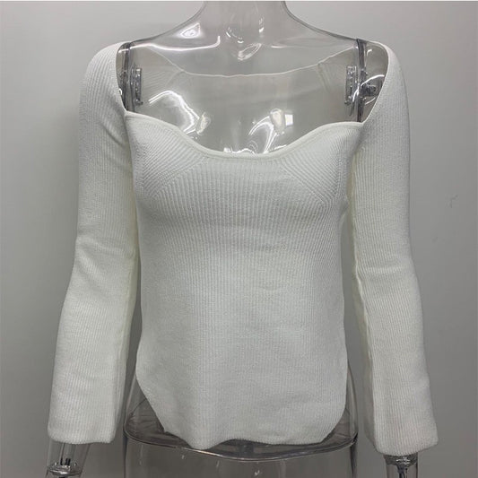 Knitted Pullover Slim Fit Curved Hem Slit Solid Color Women's Sweater