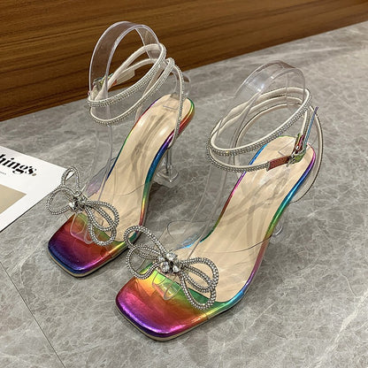 Crystal Clear Wine Glass And Rhinestone Bow Sandals For Women