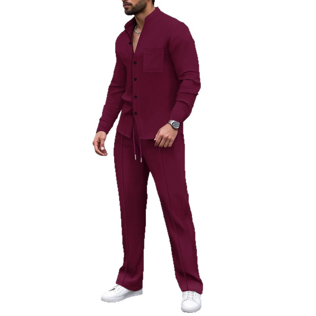 Waffle-textured Solid-color Stand-collar Shirt And Long-sleeve Pants Casual Set