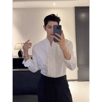 Mens French V-neck White Long-sleeve Shirt