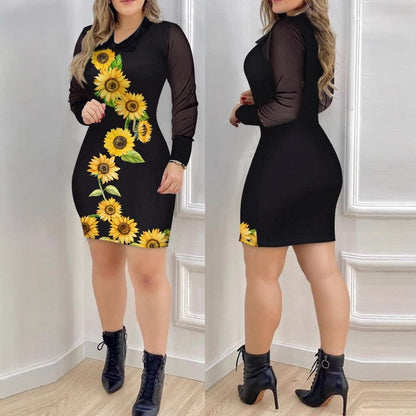 Womens Mesh Long-Sleeve V-Neck Slim-Fit Printed Dress