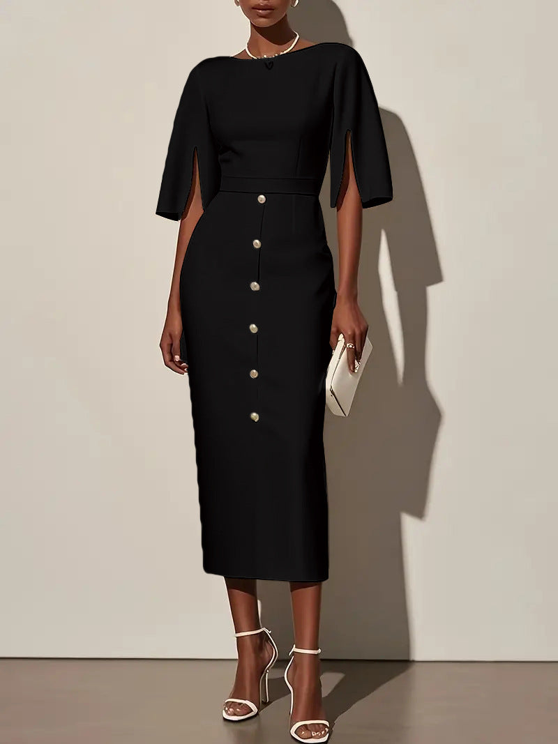 Summer Solid-Color Crew-Neck Defined-Waist Dress With Slit And Buttons