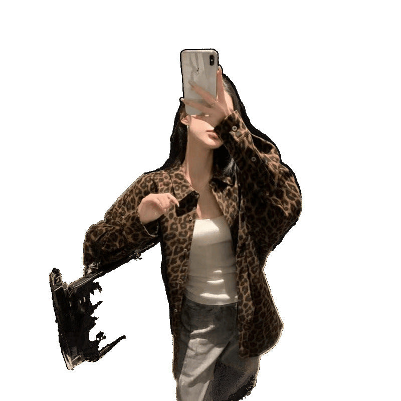 Womens Retro Leopard-Print Lapel Long-Sleeve Coat