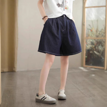 Cotton Denim Shorts Women Blue Washed Versatile Retro Straight Loose Fit
