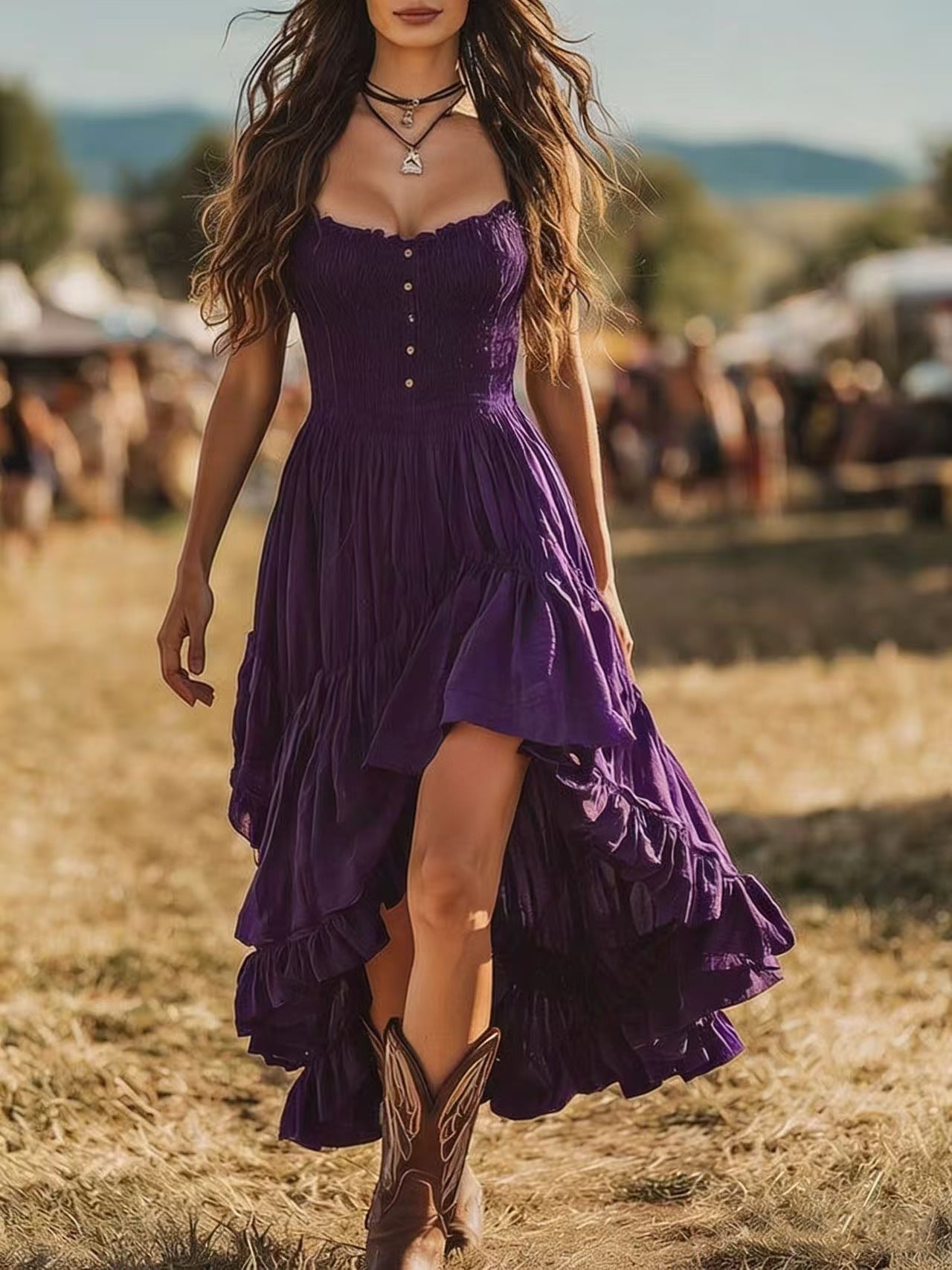 Bohemian-style Dress With An Asymmetrical Ruffled Hem
