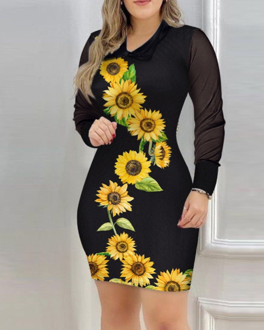 Womens Mesh Long-Sleeve V-Neck Slim-Fit Printed Dress