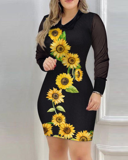 Womens Mesh Long-Sleeve V-Neck Slim-Fit Printed Dress