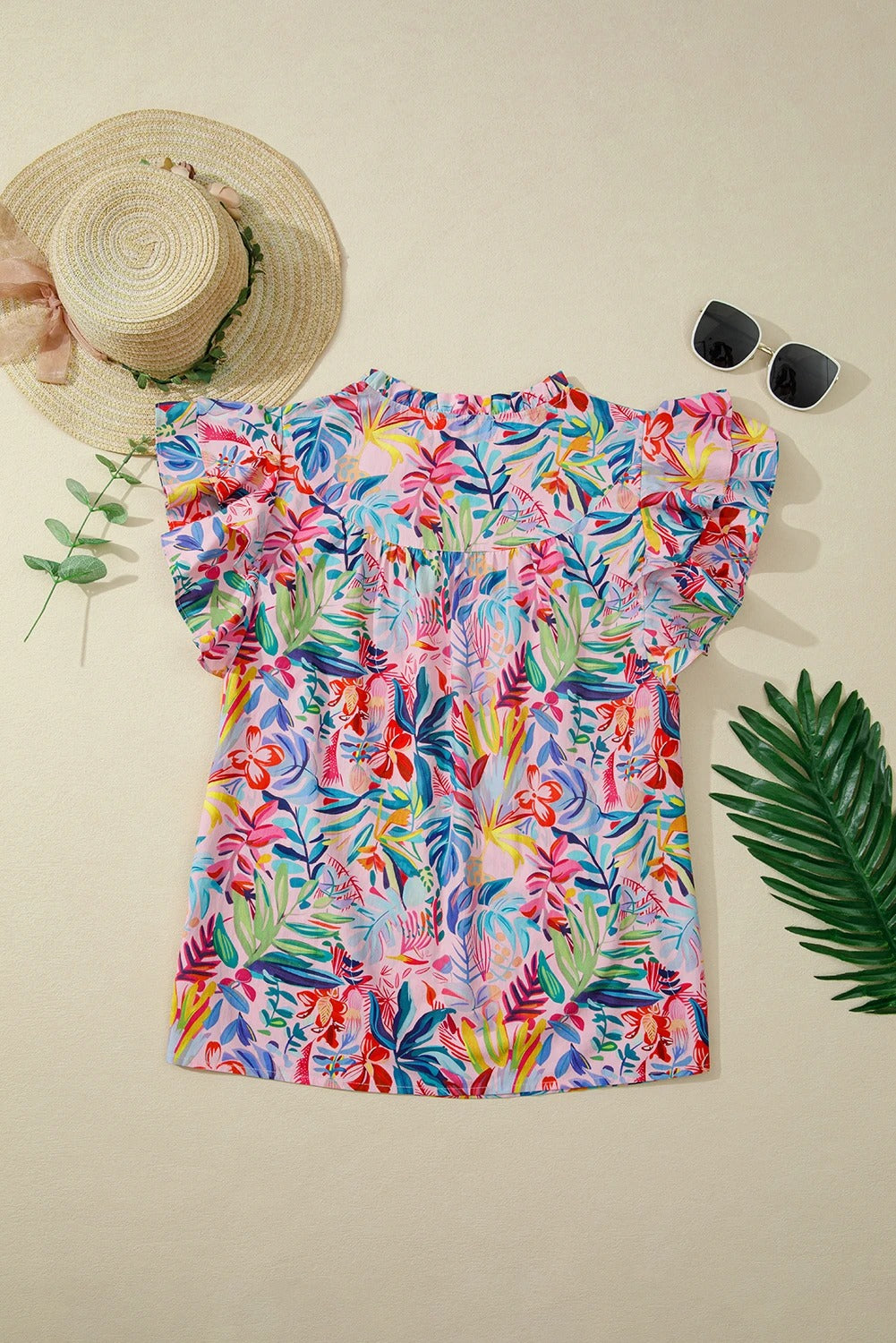 Womens Chiffon Blouse With Ruffled Sleeves And A Printed Design