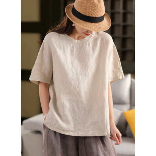 Linen Top Women Spliced Ribbed Round Neck Short Sleeve Casual Pullover T-Shirt