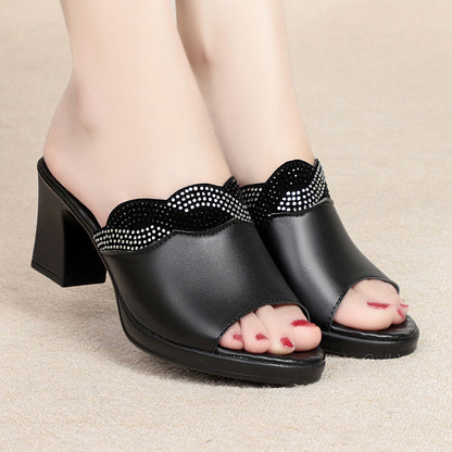 Summer Women's Outdoor Leather Mid-Heel Chunky Heel Comfortable Anti-Slip Soft Sole Large Size Sandals