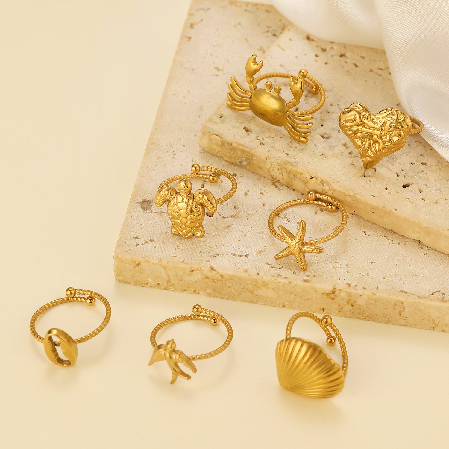 Stainless Steel Ring That Wont Fadefeaturing A Crab Heart Starfish And Turtle Design With An Adjustable Opening