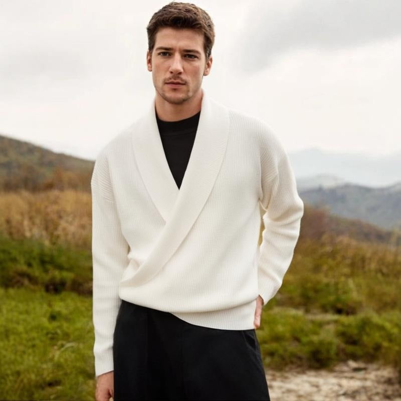 Solid-color Deep V-neck Drapey Knit Sweater